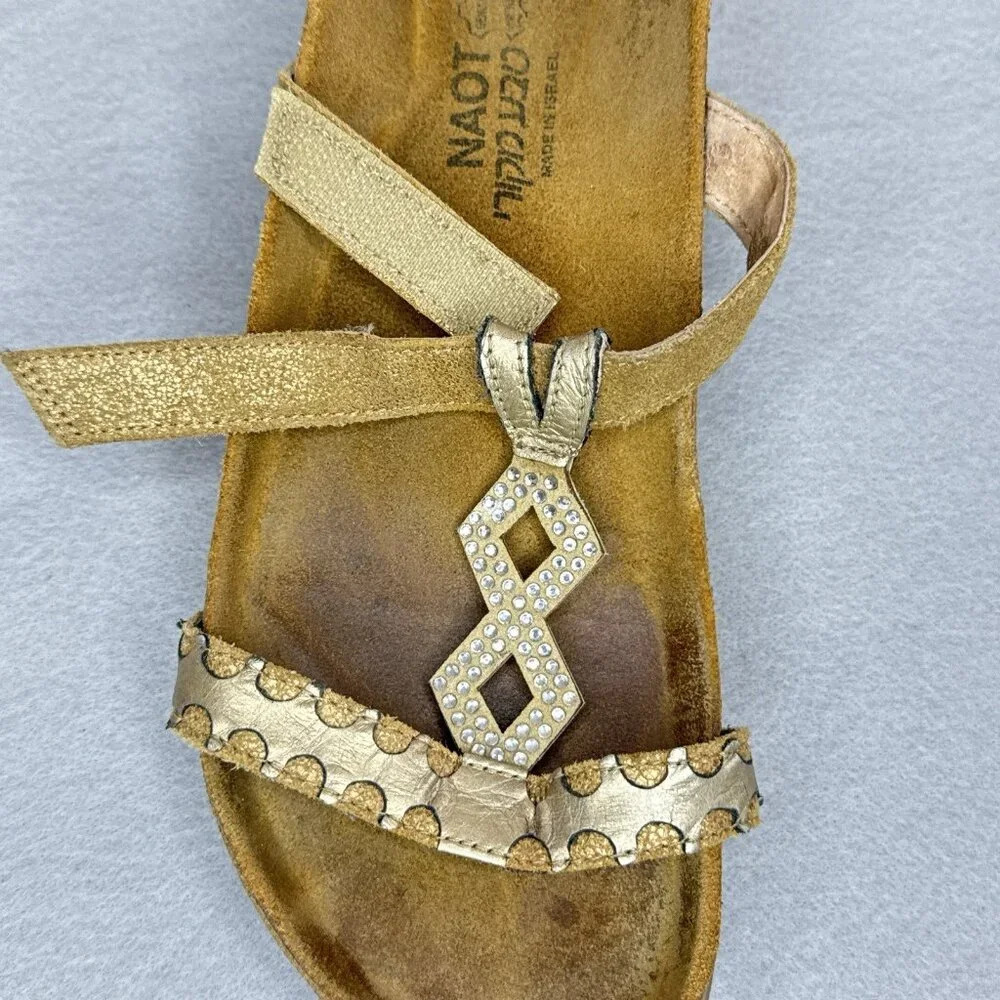 NAOT Aspen Leather Sandals Wedge Cork Gold Metallic Rhinestones EU 38 US 7 - 7.5 - Picture 4 of 16